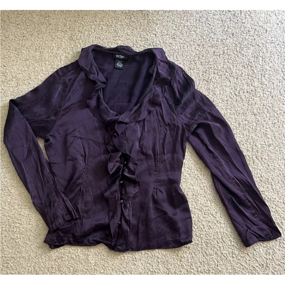 Bob Mackie Silk Ruffle Blouse Size 12 Purple Plum Button Up Long Sleeve